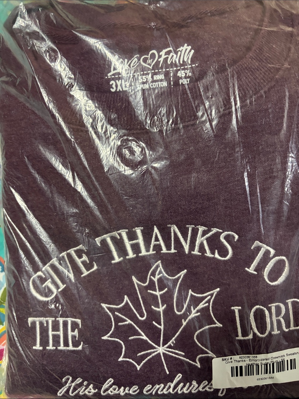 'Give Thanks' Embroidered Crewneck Sweatshirt - Burgundy Unisex 3x